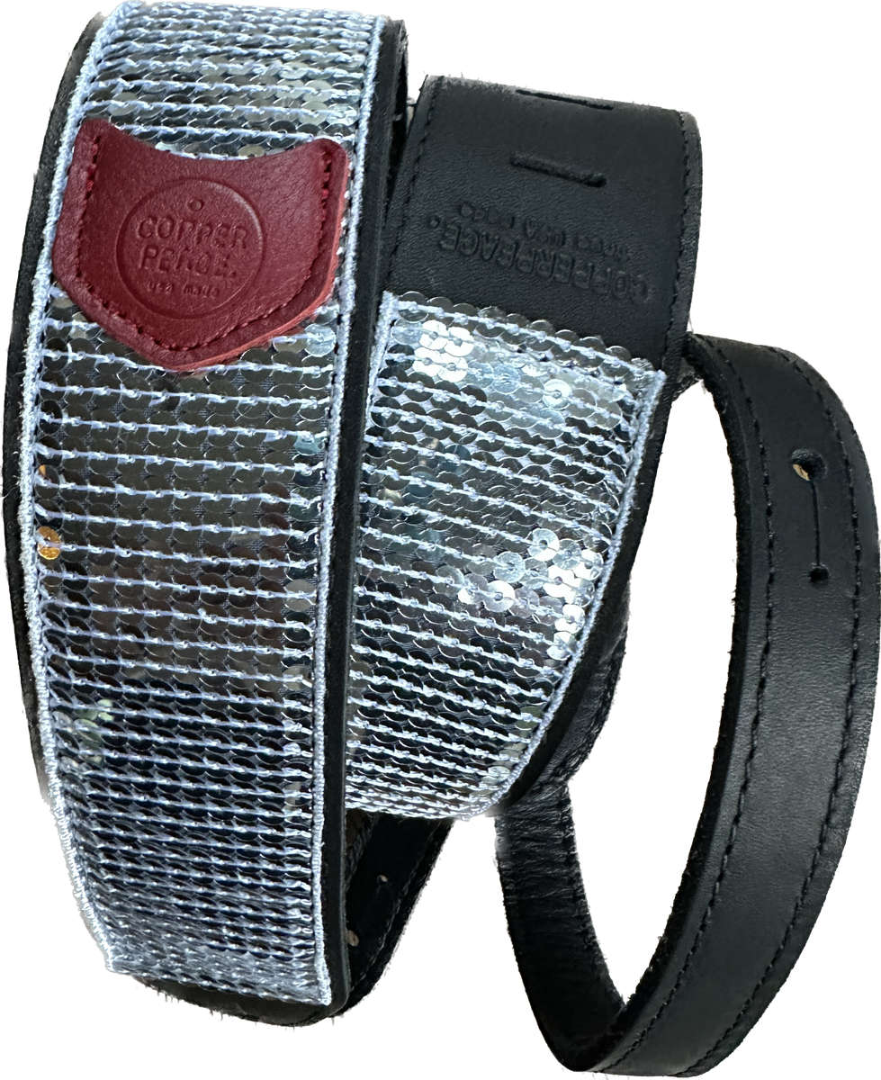 Glovely Silver Sequined Black Leather Guitar Strap – Peace General